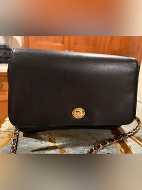 Monet Black Flap Leather Messenger Bag with Gold Accent